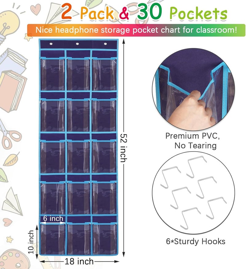 Olpchee 2 Pack Classroom Headphone Storage Organizer with 30 Pockets, PVC Clear Classroom Pocket Chart for Headphone Cell Phone Over-the-Door Hanging Headphone Holder Bag with 62 Labels(Blue) - Image 3